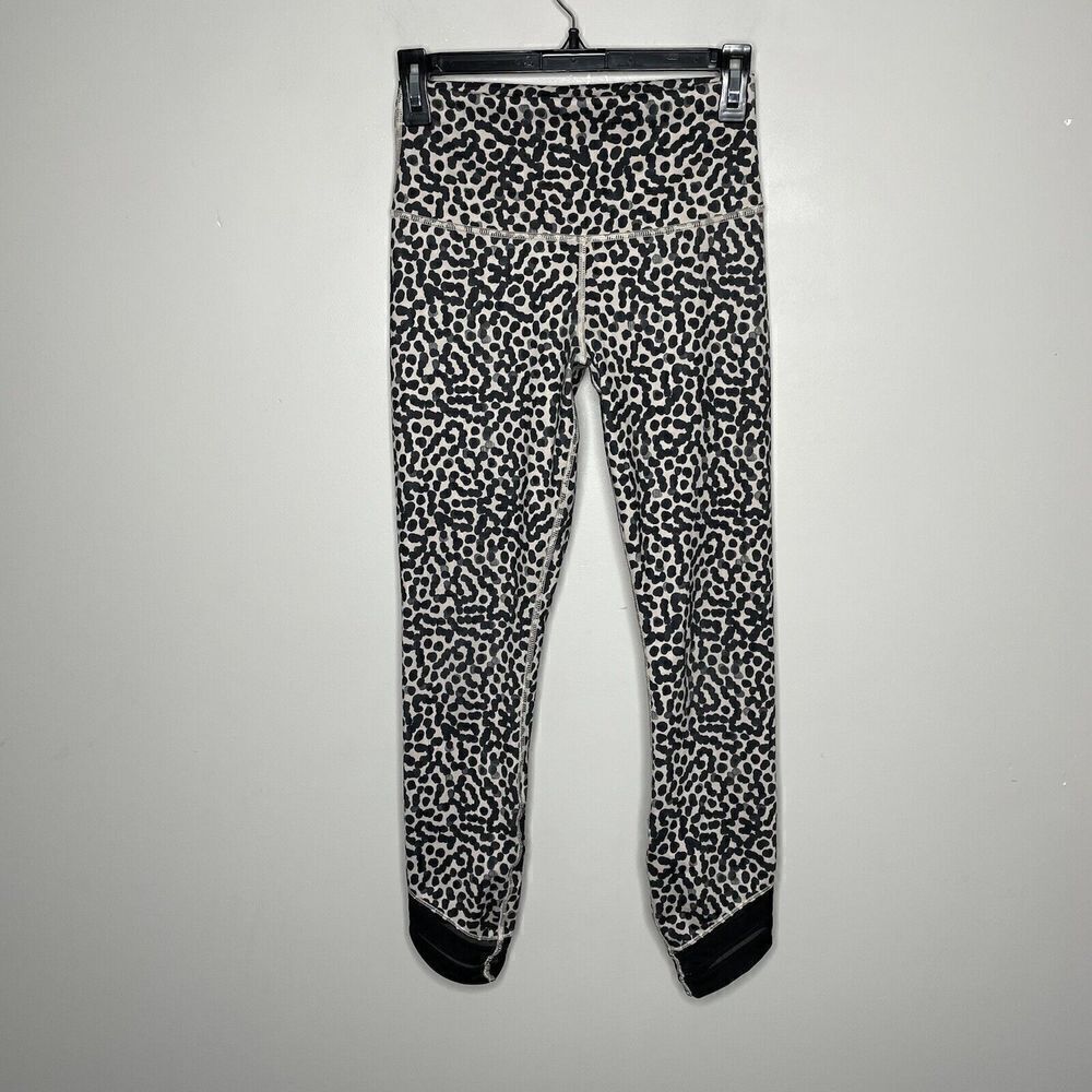 LULULEMON Womens High Times Mesh Wrap Pants Tan Polka-Dot Print Leggings Sz 4